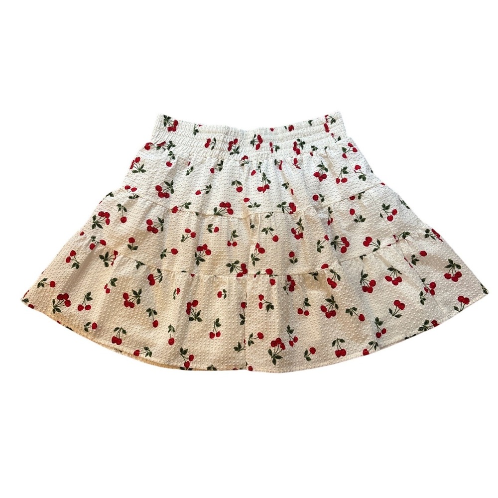 English Factory Mini Skirt Women‎ White Cherry Print Tiered Smocked SIZE L